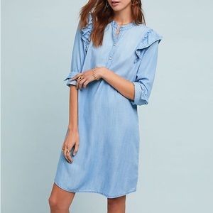 Anthropologie Cloth & Stone Ruffle Shirt Dress size Medium Light wash Jean